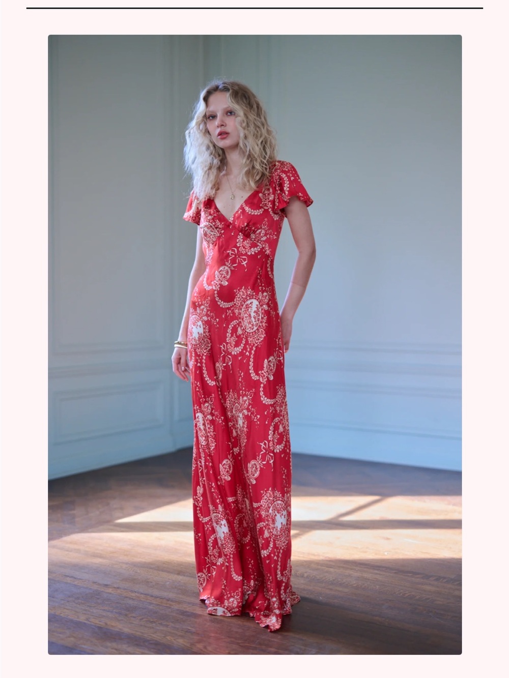 Selkie Red Ornament Silk slip maxi Dress